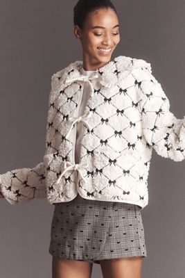 MABLE Bow-Embroidered Tie-Front Sherpa Fleece Jacket