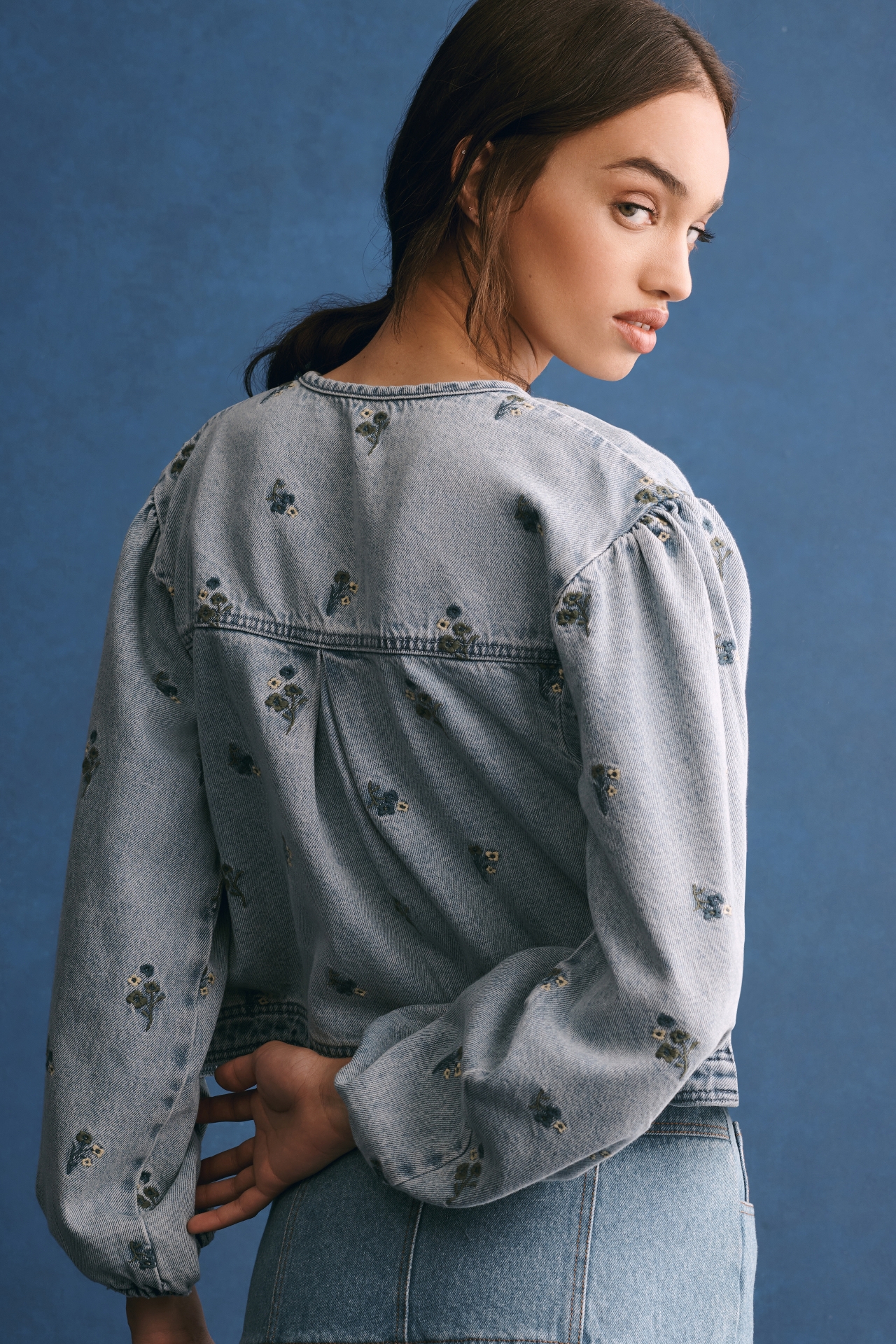 Pilcro Collarless Embroidered Denim Swing Jacket