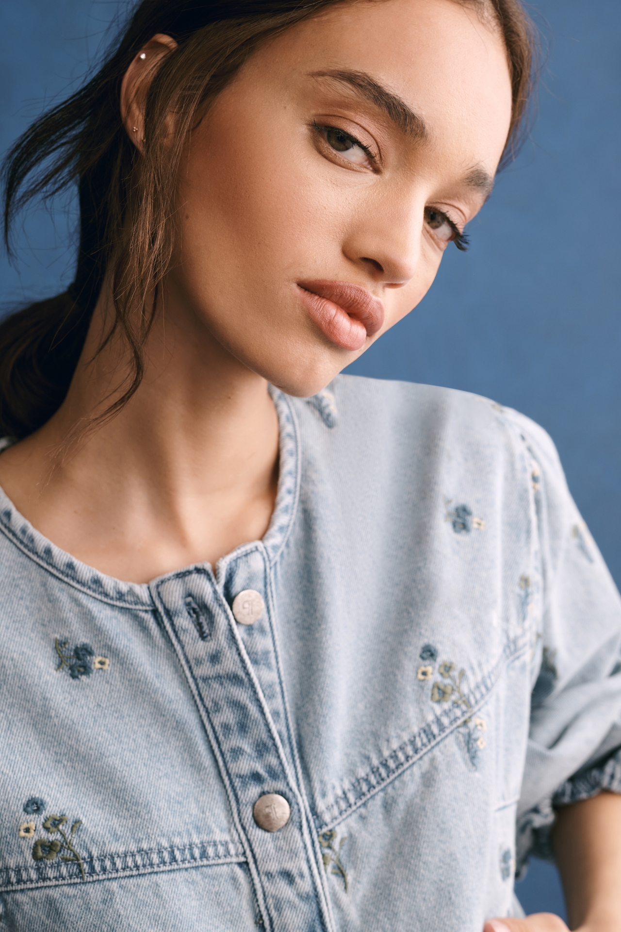 Pilcro Collarless Embroidered Denim Swing Jacket