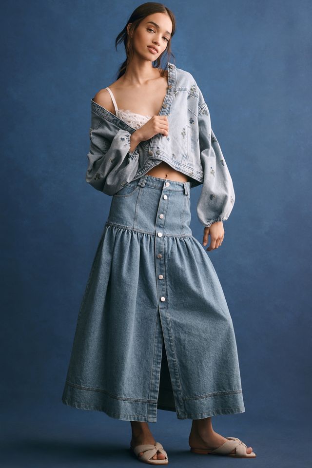 Pilcro Collarless Embroidered Denim Swing Jacket #3