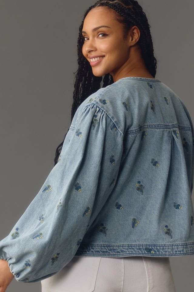 Pilcro Collarless Embroidered Denim Swing Jacket | Anthropologie