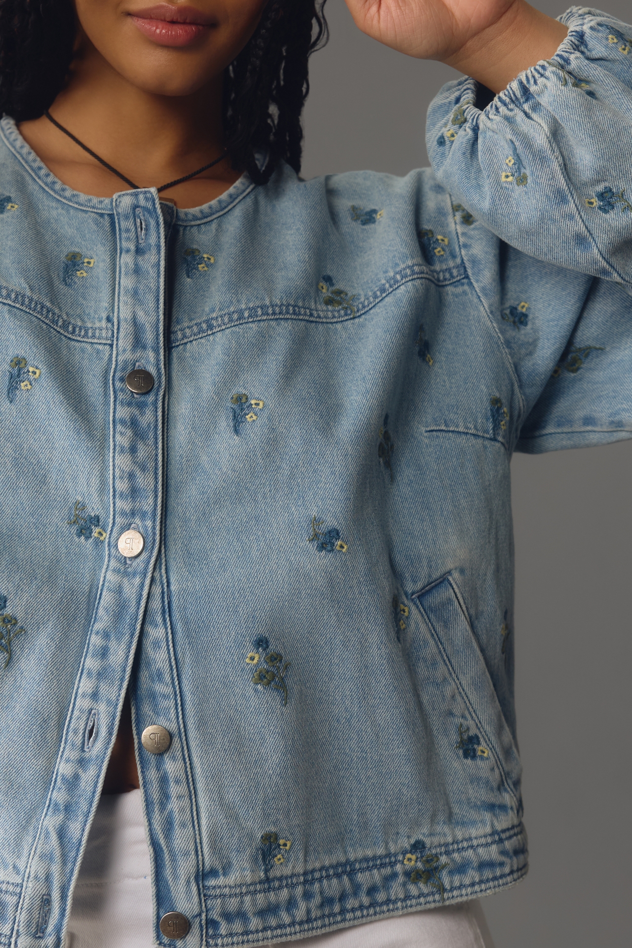 Pilcro Collarless Embroidered Denim Swing Jacket