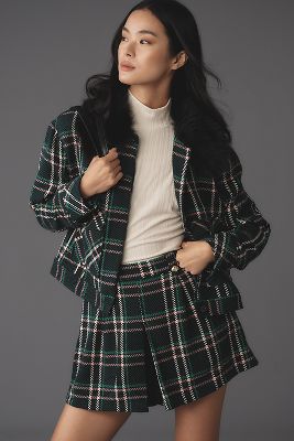 Shop Maeve Plaid Crop Faux-fur Collar Coat Jacket In Multicolor