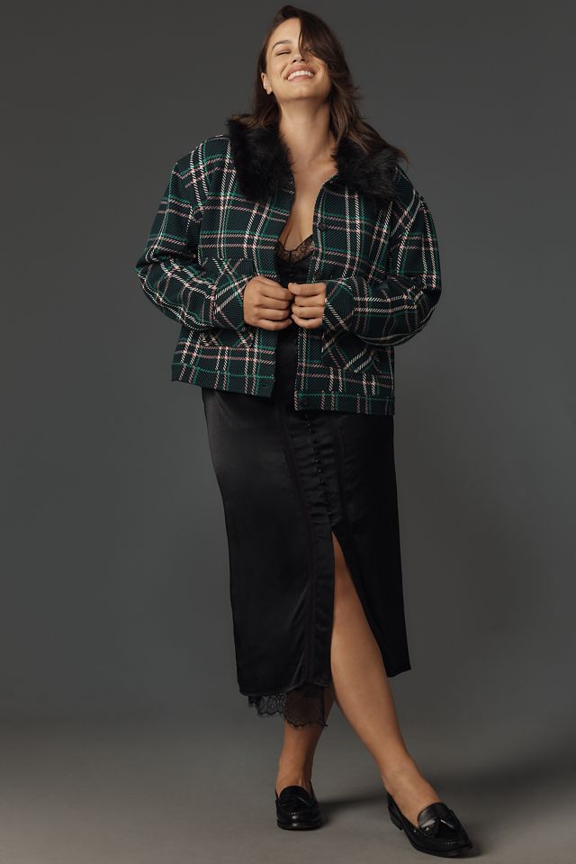 Maeve Plaid Crop Faux Fur Collar Coat #7