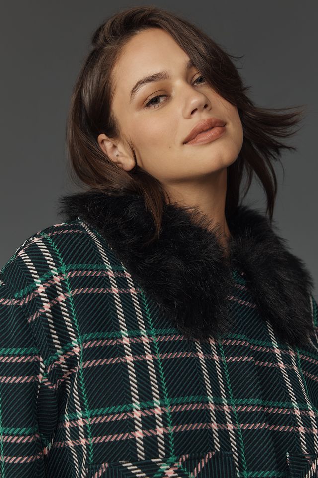 Maeve Plaid Crop Faux Fur Collar Coat #8