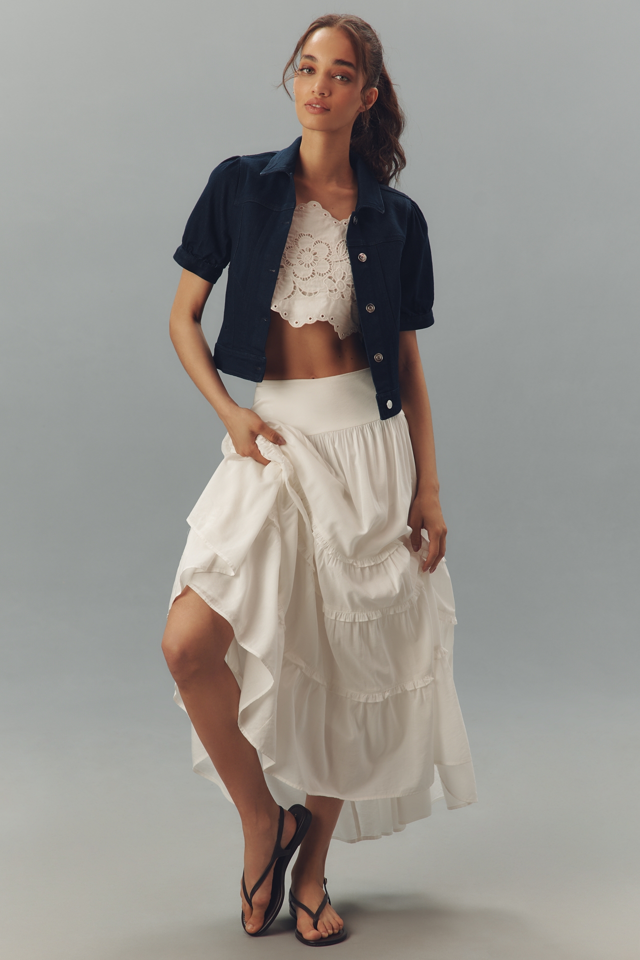 Maeve Cropped Puff-Sleeve Denim Jacket