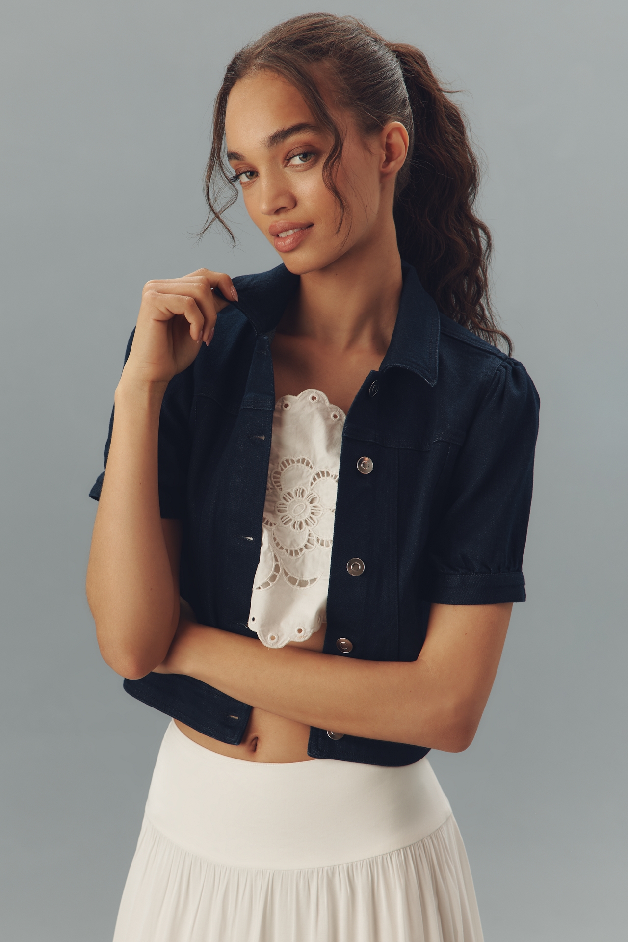 Maeve Cropped Puff-Sleeve Denim Jacket