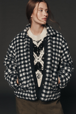 Maeve Gingham Sherpa Fleece Jacket In Black