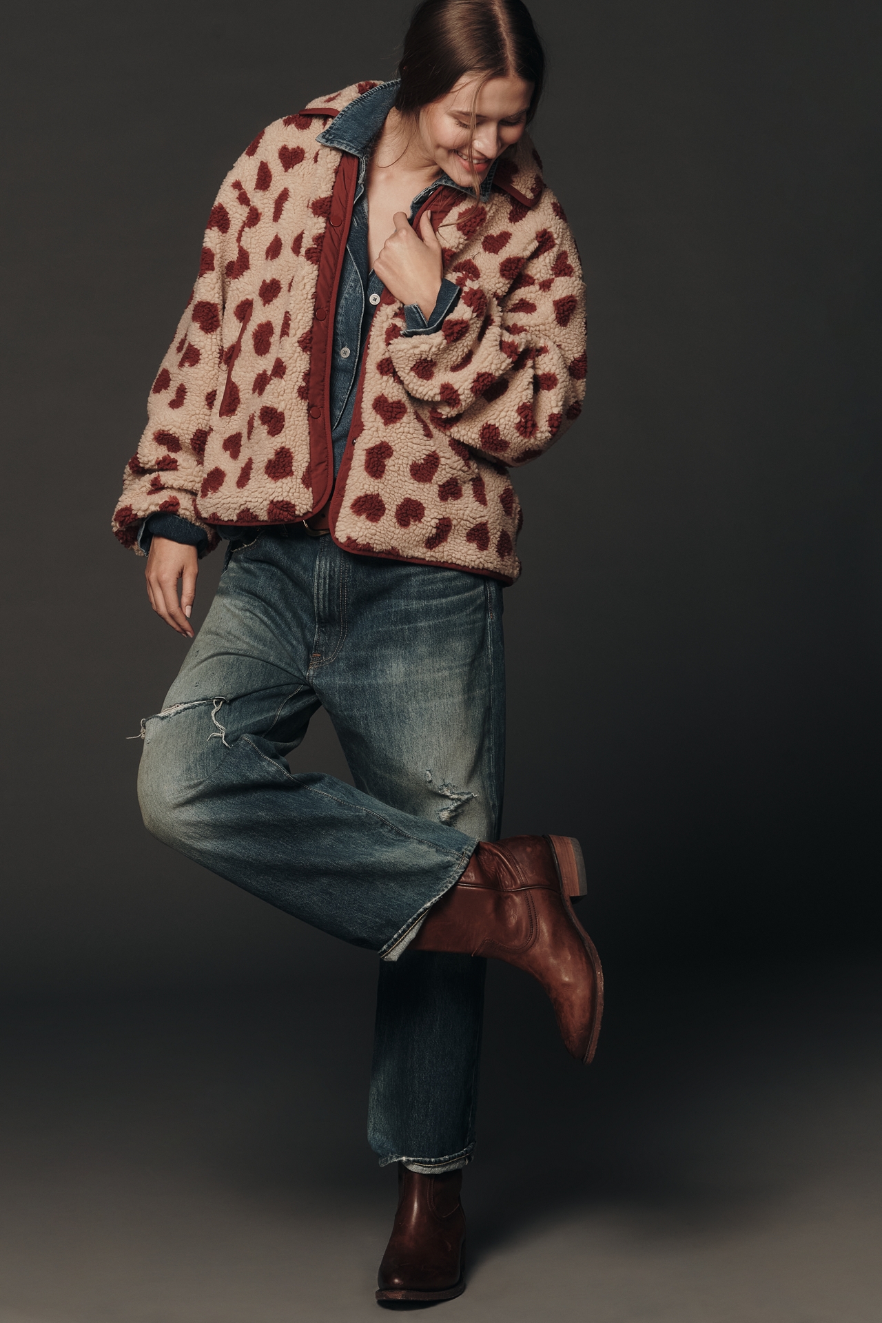 Maeve Heart-Print Sherpa Fleece Jacket