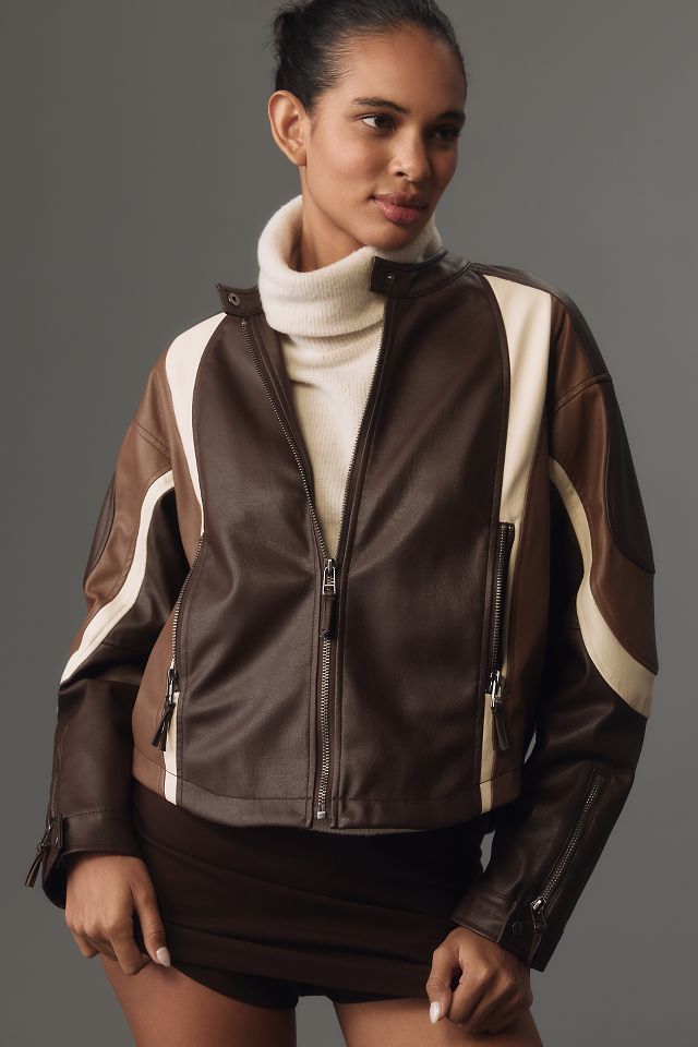 By Anthropologie Faux Leather Colorblock Race Jacket