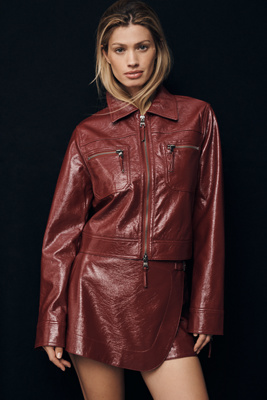 Maeve Patent Faux-leather Biker Jacket In Burgundy