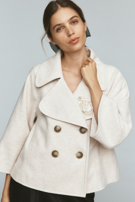 Maeve Cropped Swingy Wool-blend Peacoat Jacket In White