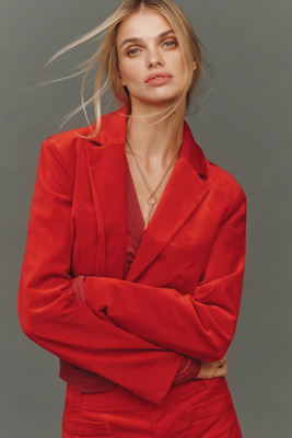 Maeve Cropped Tuxedo Blazer Jacket In Red