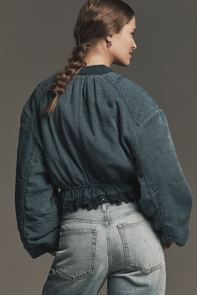 By Anthropologie Ruched Lace Denim Bomber Jacket