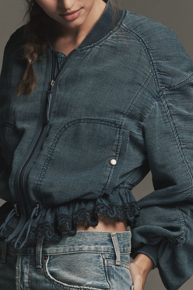 By Anthropologie Ruched Lace Denim Bomber Jacket #3