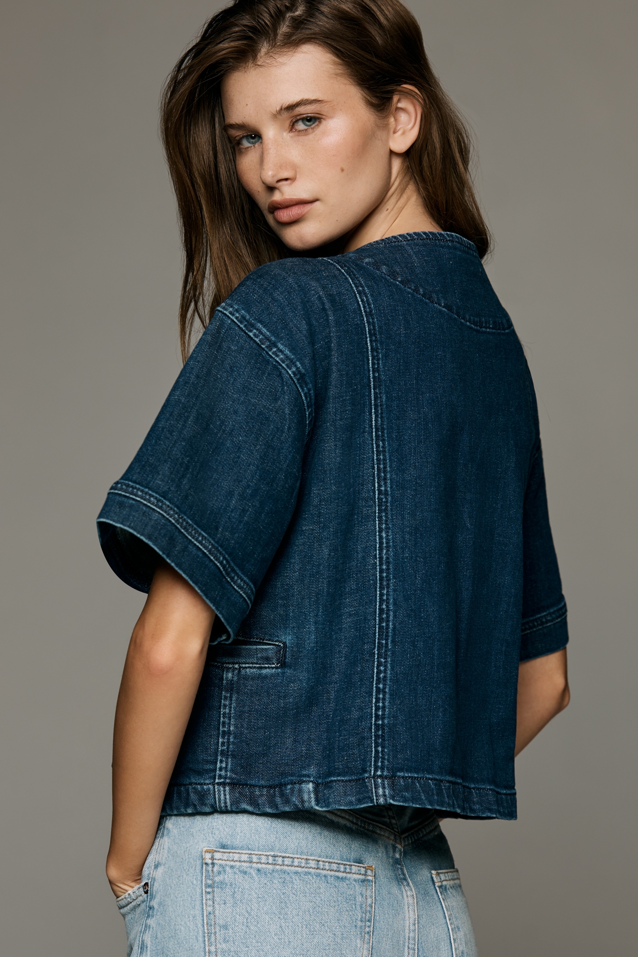 Maeve Short-Sleeve Double-Breasted Denim Jacket