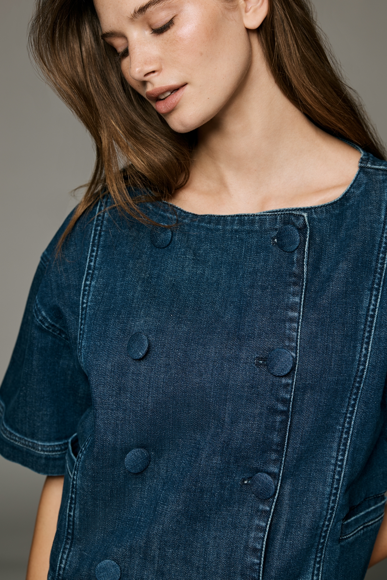 Maeve Short-Sleeve Double-Breasted Denim Jacket