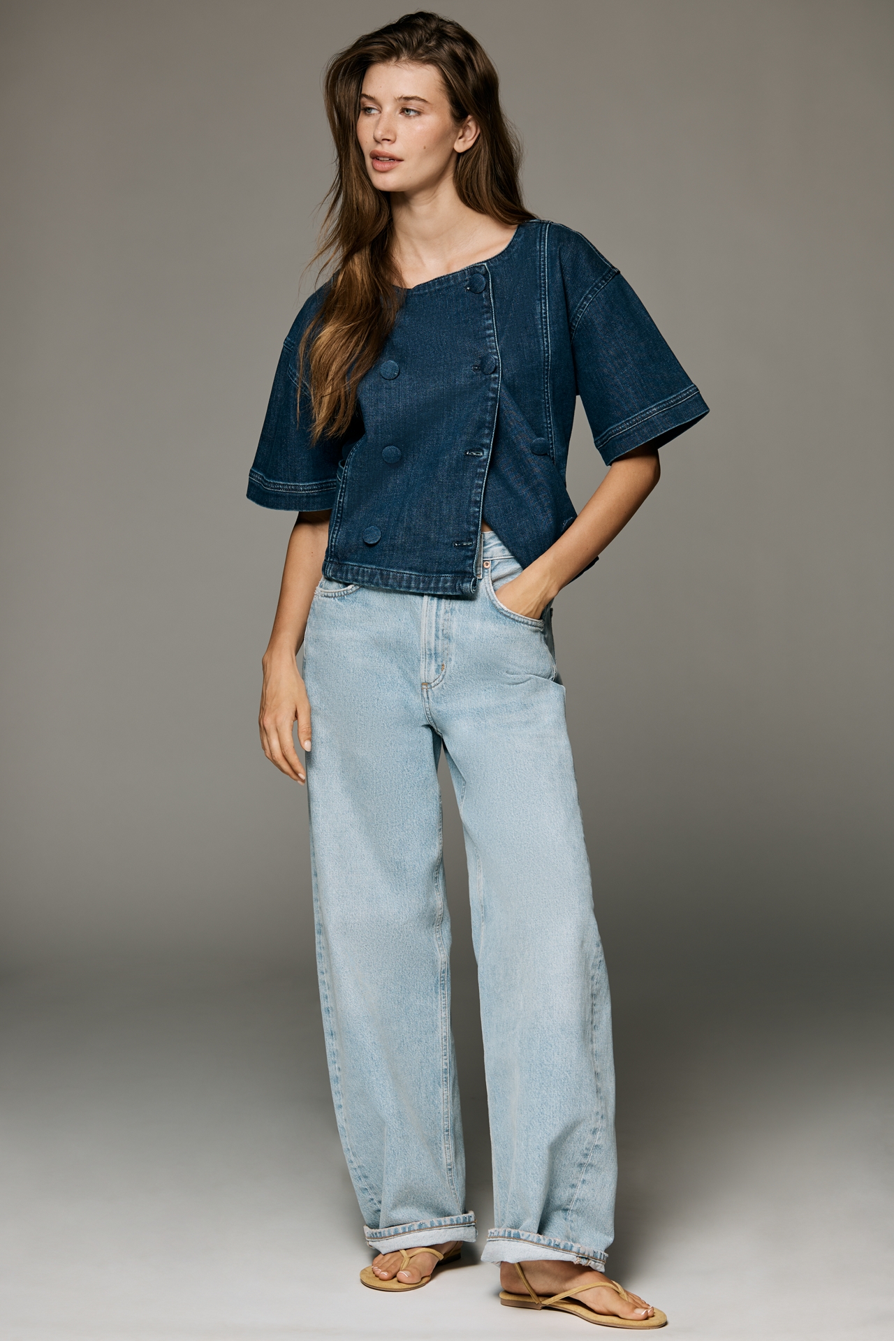 Maeve Short-Sleeve Double-Breasted Denim Jacket