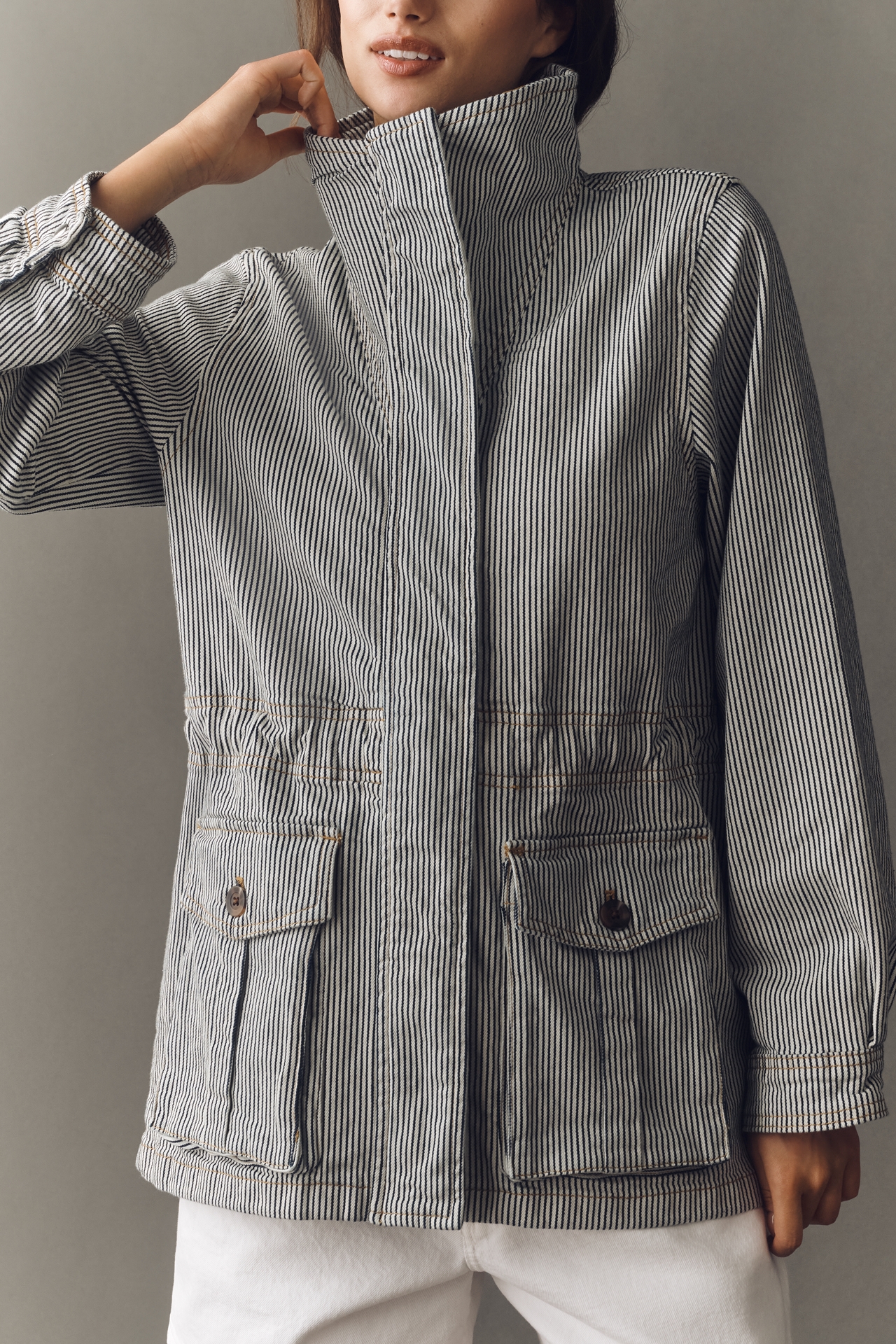 Maeve Sailor Stripe Denim Utility Jacket