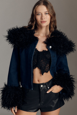 Tt Studios Kimmy Faux Fur Trim Crop Jacket In Blue
