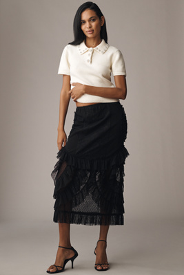 Anna Sui Victorian Lace Ruffle Midi Skirt In Black