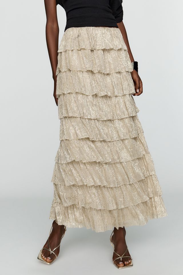 By Anthropologie Tiered Metallic Maxi Skirt #1