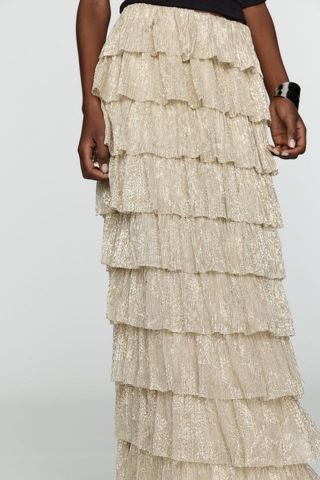 By Anthropologie Tiered Metallic Maxi Skirt #3
