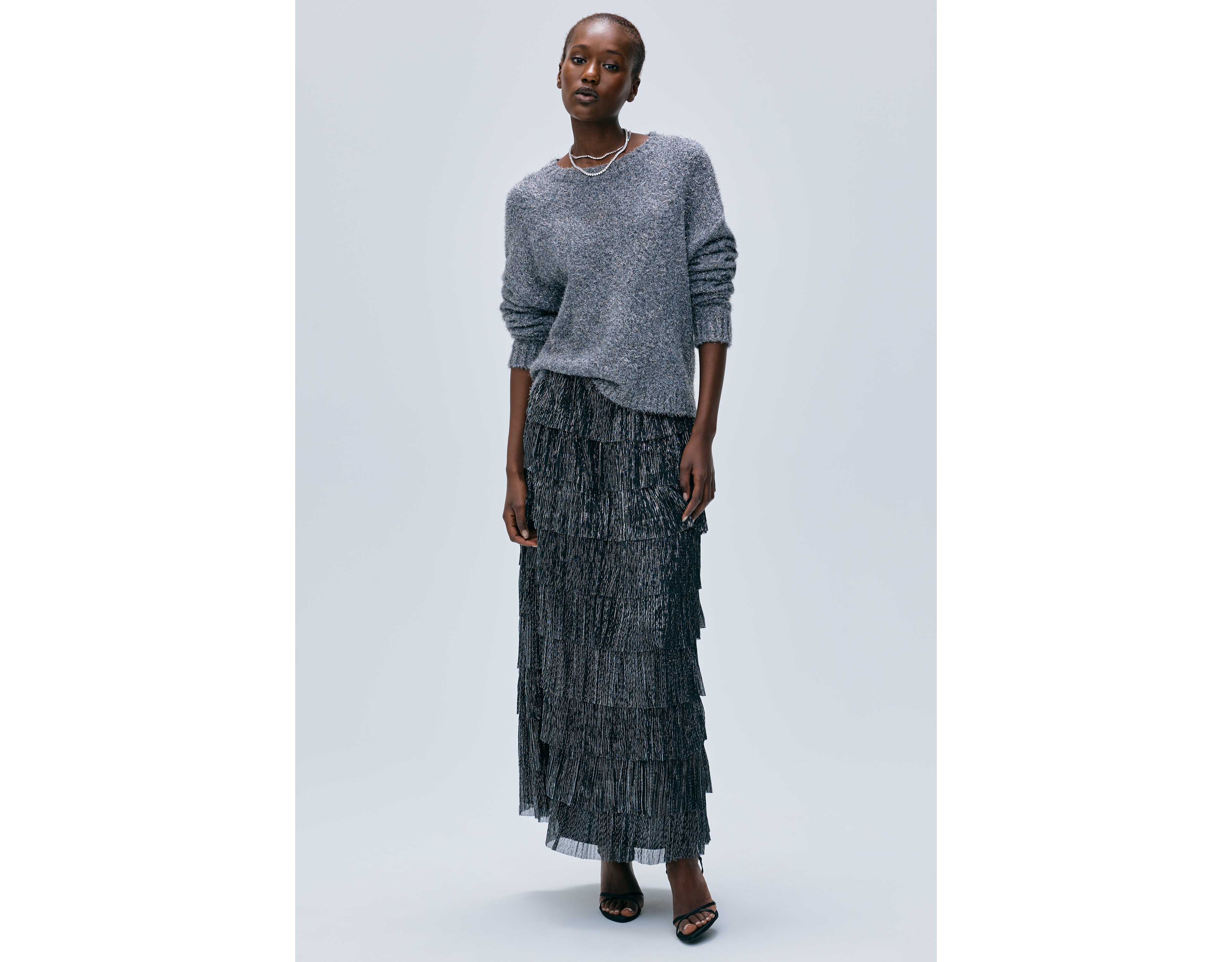 By Anthropologie Tiered Metallic Maxi Skirt