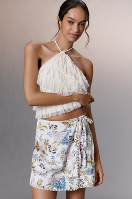 Maeve Printed Satin Wrap Mini Skirt