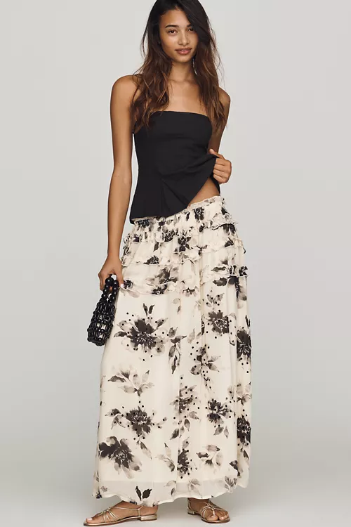 By Anthropologie Printed Tiered Maxi Skirt