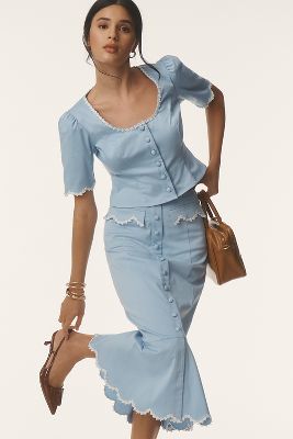Maeve Fitted Scallop Hem Midi Skirt