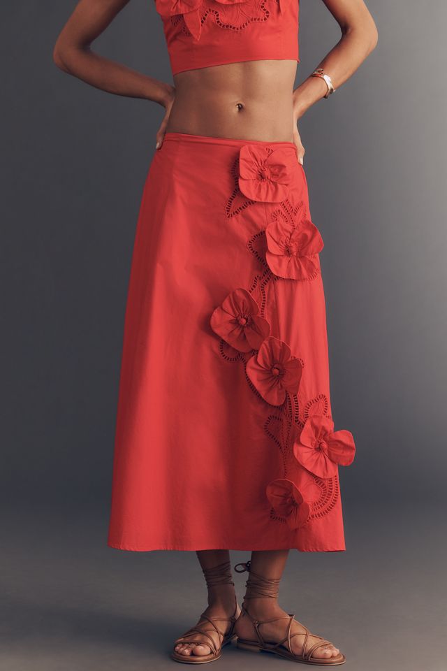 Maeve 100% Cotton Floral Appliqué Midi Skirt #1