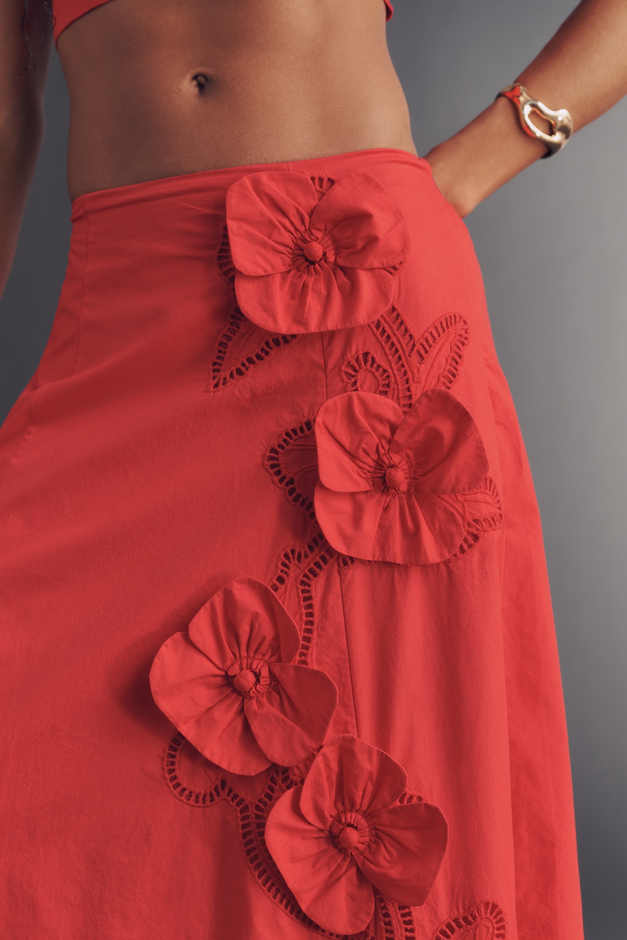 Maeve 100% Cotton Floral Appliqué Midi Skirt