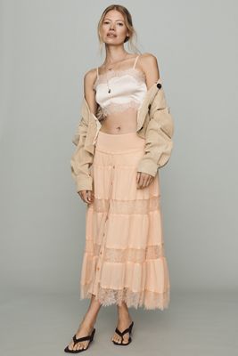 By Anthropologie 100% Cotton Tiered Lace Midi Skirt