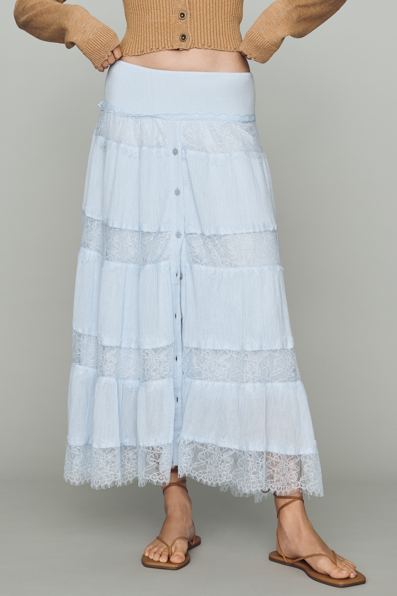 By Anthropologie Cotton Tiered Lace Midi Skirt