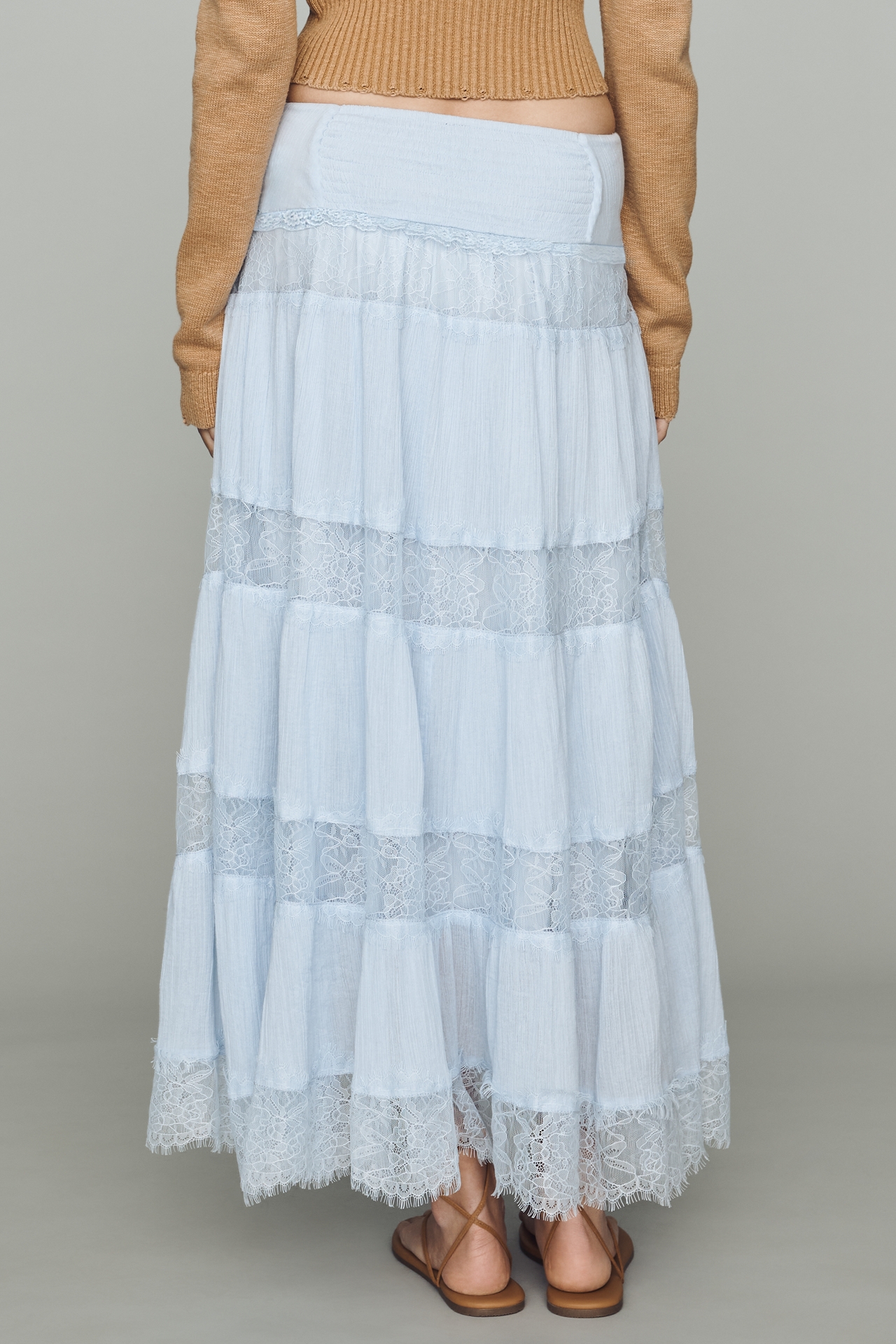 By Anthropologie Cotton Tiered Lace Midi Skirt