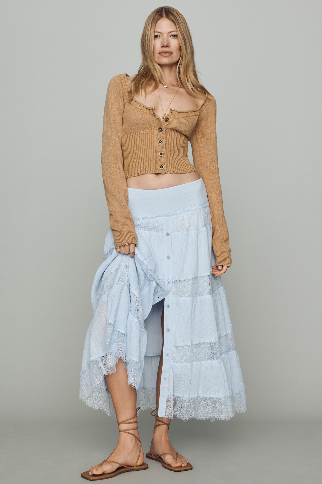 By Anthropologie Cotton Tiered Lace Midi Skirt