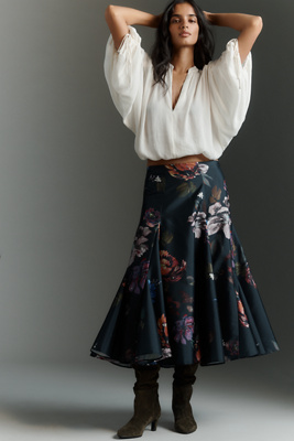 By Anthropologie Taffeta Godet Midi Skirt In Black