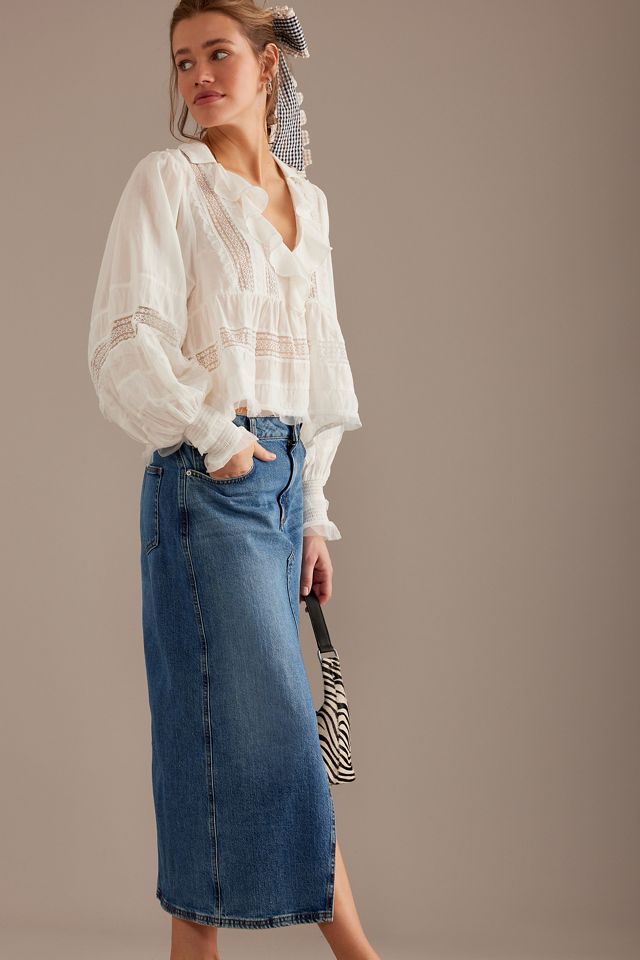 High-Waisted Front Slit Denim Midi Skirt #4