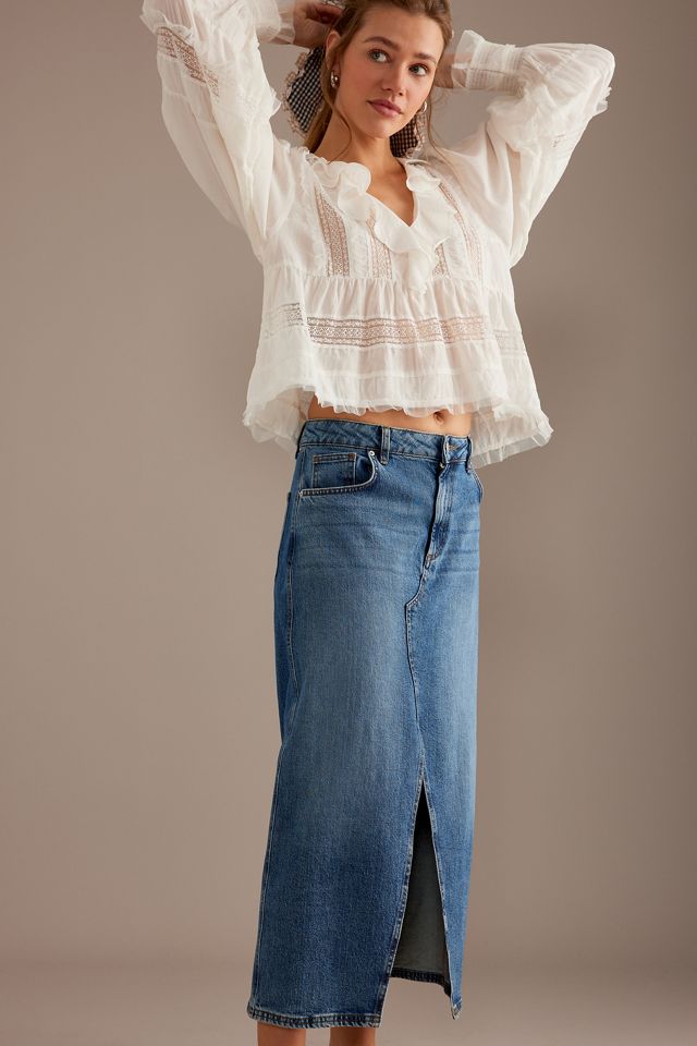 High-Waisted Front Slit Denim Midi Skirt #1