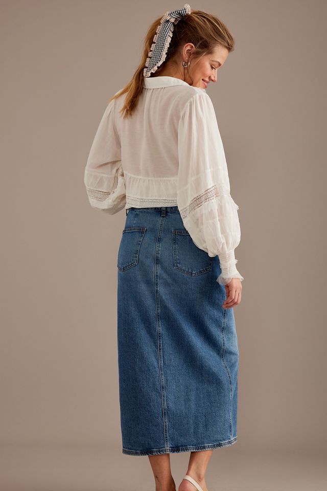 High-Waisted Front Slit Denim Midi Skirt #3