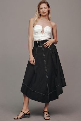 Shop By Anthropologie Linen Curved-hem Midi Skirt In Black