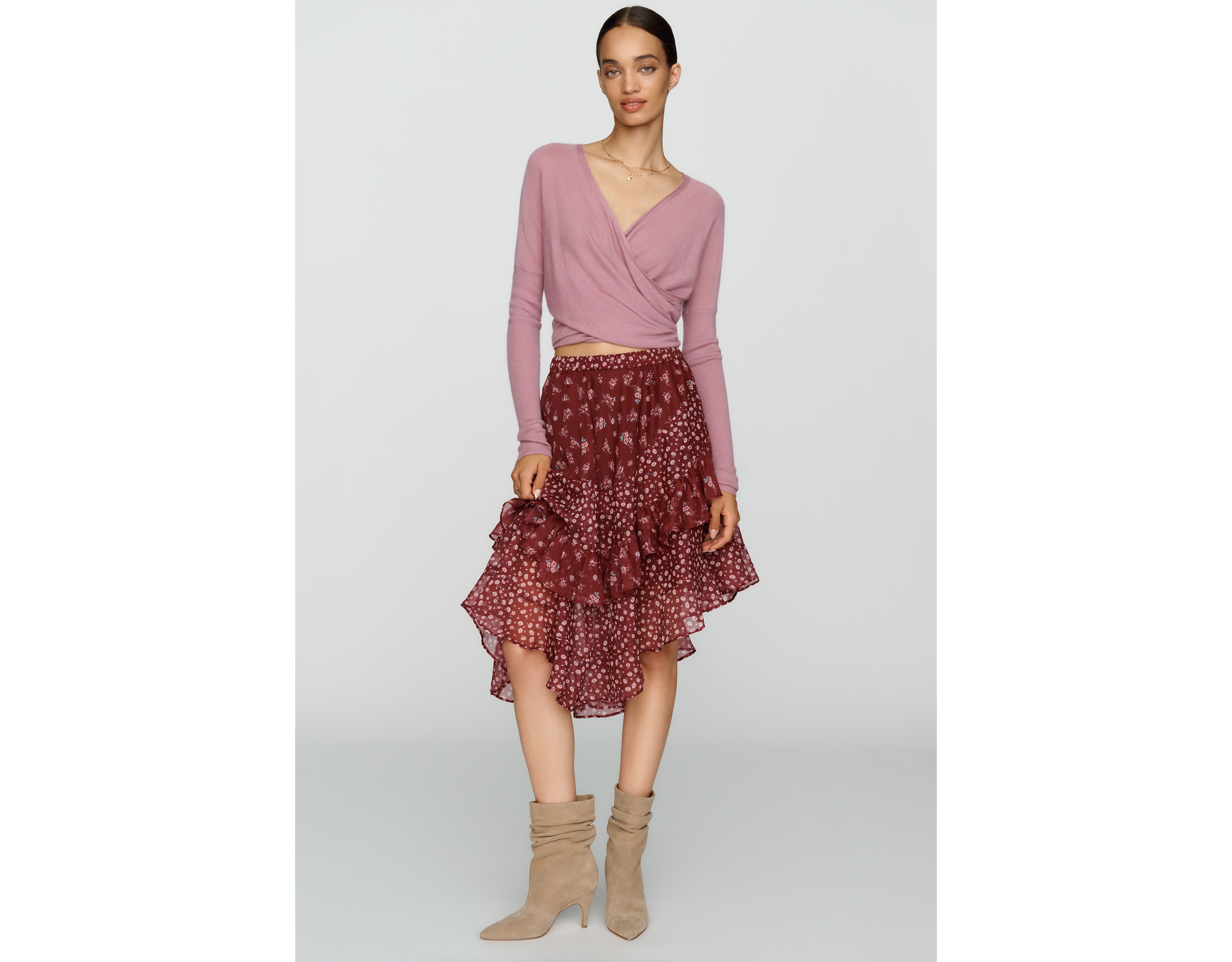By Anthropologie Ruffled Floral Print Midi Skirt
