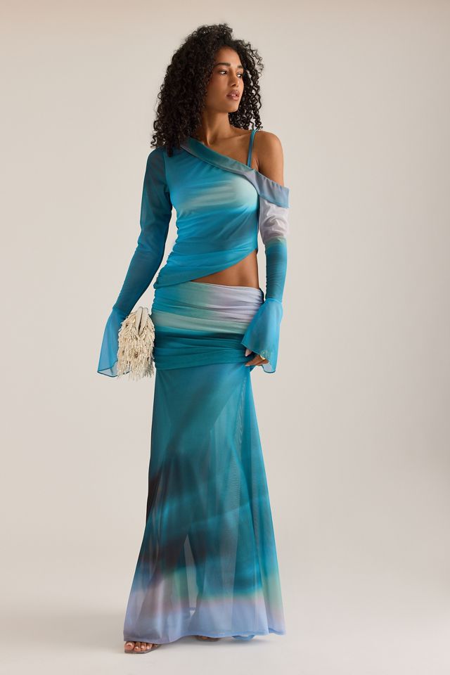 Feners Susurro Ruched Drop-Waist Mesh Maxi Skirt  #4