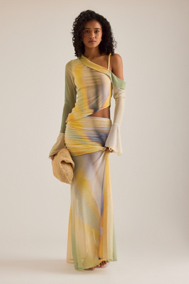 Feners Susurro Ruched Drop-Waist Mesh Maxi Skirt