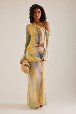 Feners Susurro Ruched Drop-Waist Mesh Maxi Skirt 