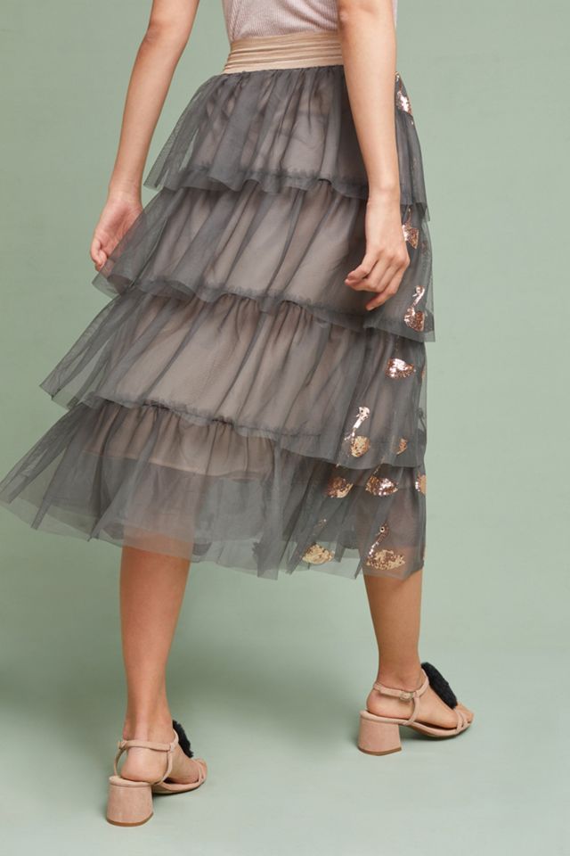Swan-Embellished Tulle Midi Skirt | Anthropologie