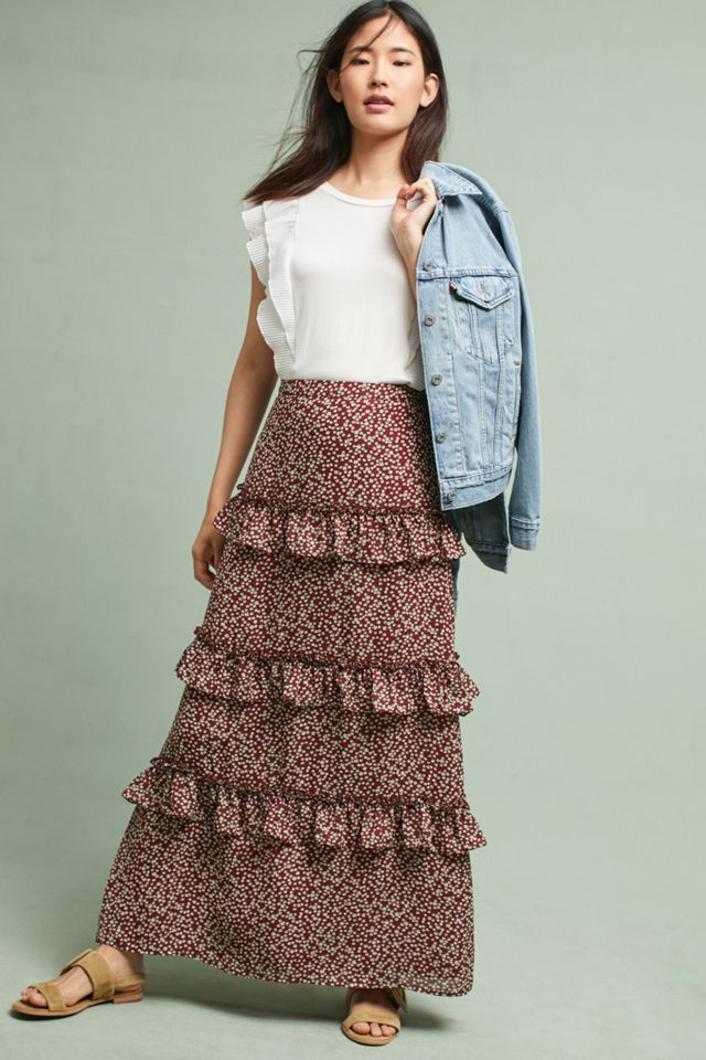 Printed Ruffled Maxi Skirt Anthropologie