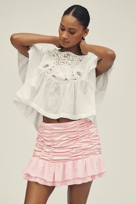 Maeve Satin Chiffon Ruched Mini Skirt