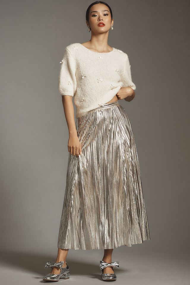 By Anthropologie Metallic Pleated Midi Skirt